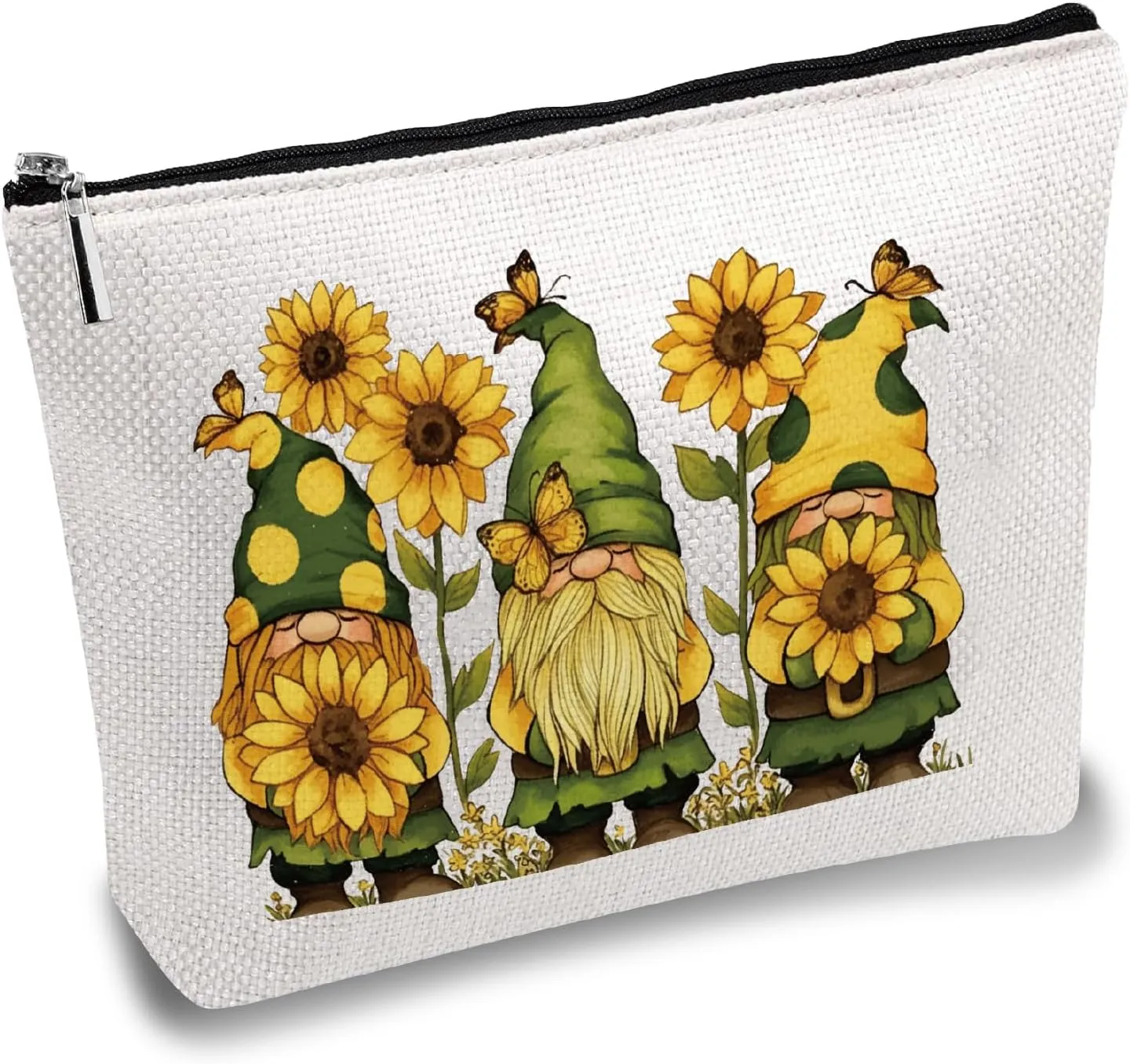 CREATCABIN Gnome Makeup Bags for Women Travel Cosmetic Bag Yellow Sunflower Zipper Pouch Tool Multi Purpose Case Toiletry Packing Purse Storage Bag Organizer for Friend Daughter Gifts 10x7Inch
