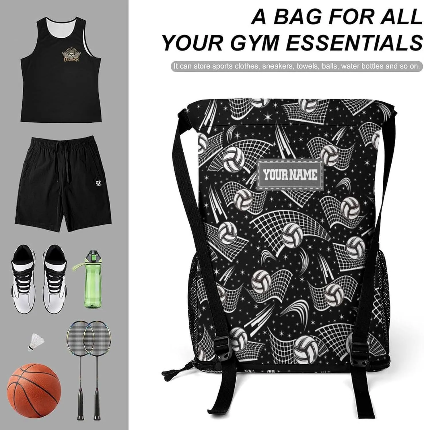 Custom Volleyball Drawstring Backpack - Cool Cinch Sack, String Backpacks with Pocket for Kids Women Men Boys Girls for Gym Outdoor Sports Travel Athletic Drawstring Bag - Lightweight/Foldable