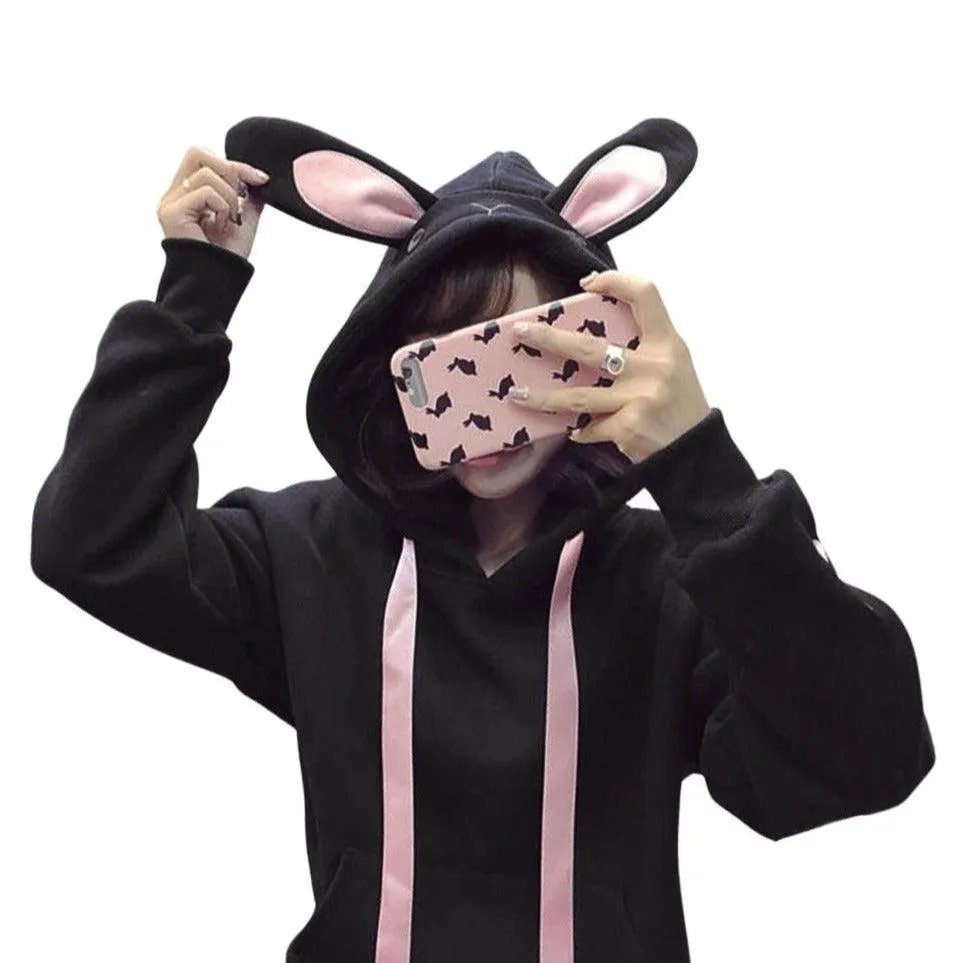 Cute Bunny Rabbit Women's Hoodie: Face and ears on the hood make this casual top fun