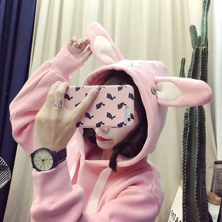 Cute Bunny Rabbit Women's Hoodie: Face and ears on the hood make this casual top fun