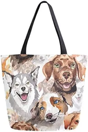 Cute Dog Large Canvas Tote Bag Heavy Duty Grocery Bag, Watercolor Animal Women Casual Shoulder Bag Pocket Reusable Handbags for Travel Beach School Nursing Christmas Xmas Gift