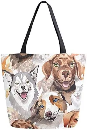 Cute Dog Large Canvas Tote Bag Heavy Duty Grocery Bag, Watercolor Animal Women Casual Shoulder Bag Pocket Reusable Handbags for Travel Beach School Nursing Christmas Xmas Gift