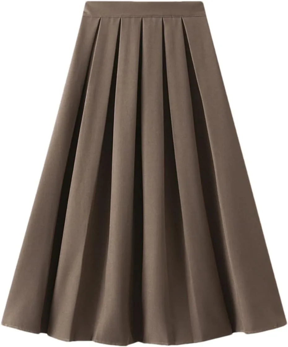 DBFBDTU Pleated Skirt for Women Spring Autumn Style Elastic High Waist Midi Skirt A- Line Skirt Woman