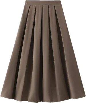 DBFBDTU Pleated Skirt for Women Spring Autumn Style Elastic High Waist Midi Skirt A- Line Skirt Woman