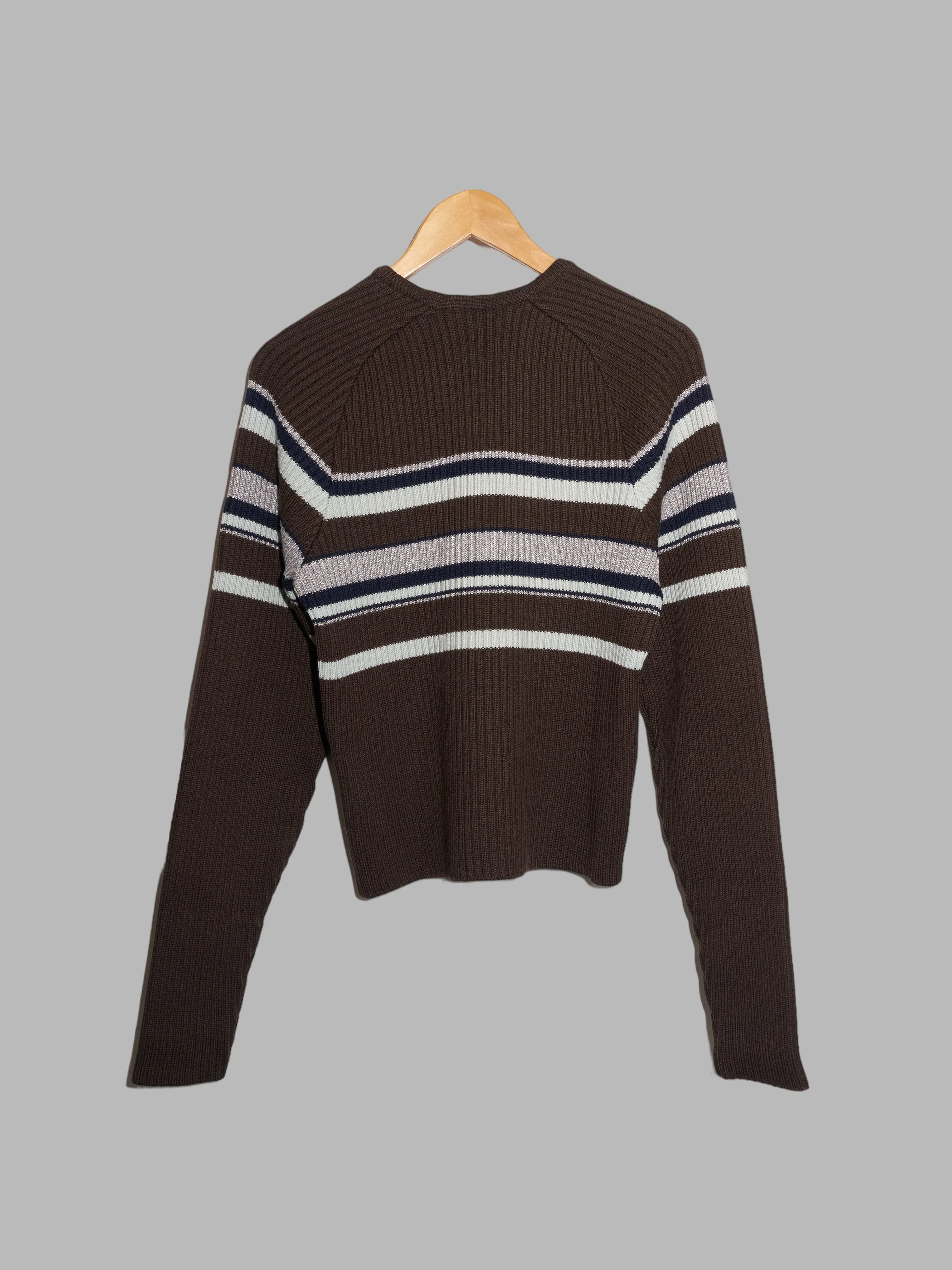 Dirk Bikkembergs brown wool rib knit striped v-neck jumper - M