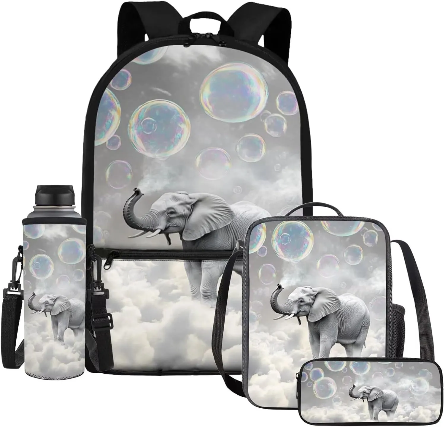 DISNIMO Cool Elephant Backpack for Girls, Little Kids 17In Bookbags with Insulated Lunch Box Elementary School Bag and Water Bottle Sleeve Pencil Case Back To School Bagpack 4pcs/Set