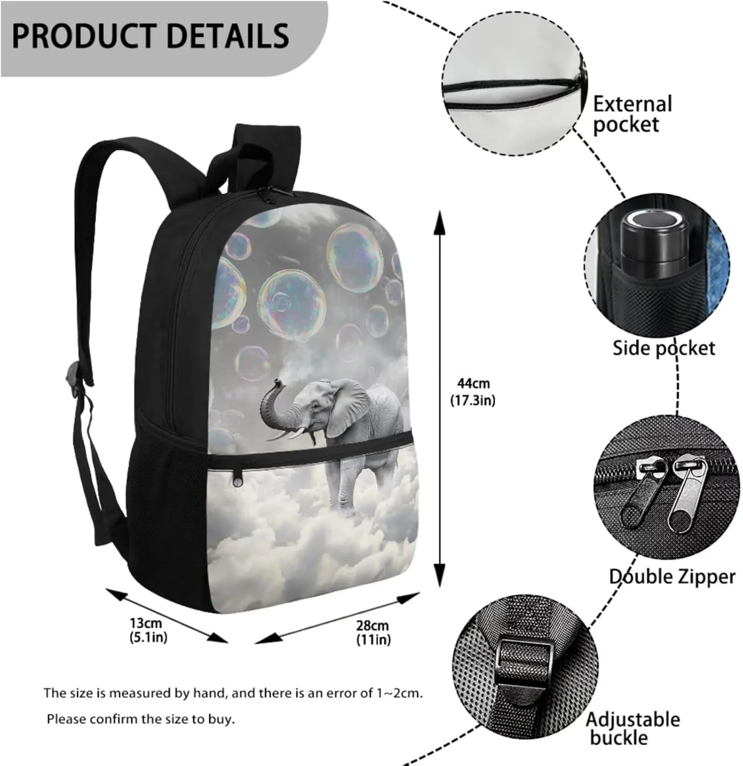 DISNIMO Cool Elephant Backpack for Girls, Little Kids 17In Bookbags with Insulated Lunch Box Elementary School Bag and Water Bottle Sleeve Pencil Case Back To School Bagpack 4pcs/Set