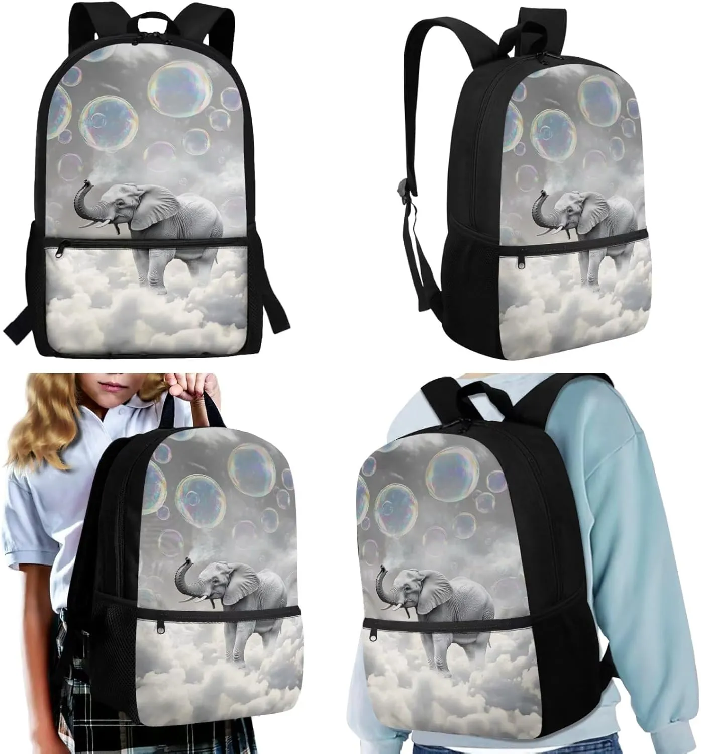 DISNIMO Cool Elephant Backpack for Girls, Little Kids 17In Bookbags with Insulated Lunch Box Elementary School Bag and Water Bottle Sleeve Pencil Case Back To School Bagpack 4pcs/Set