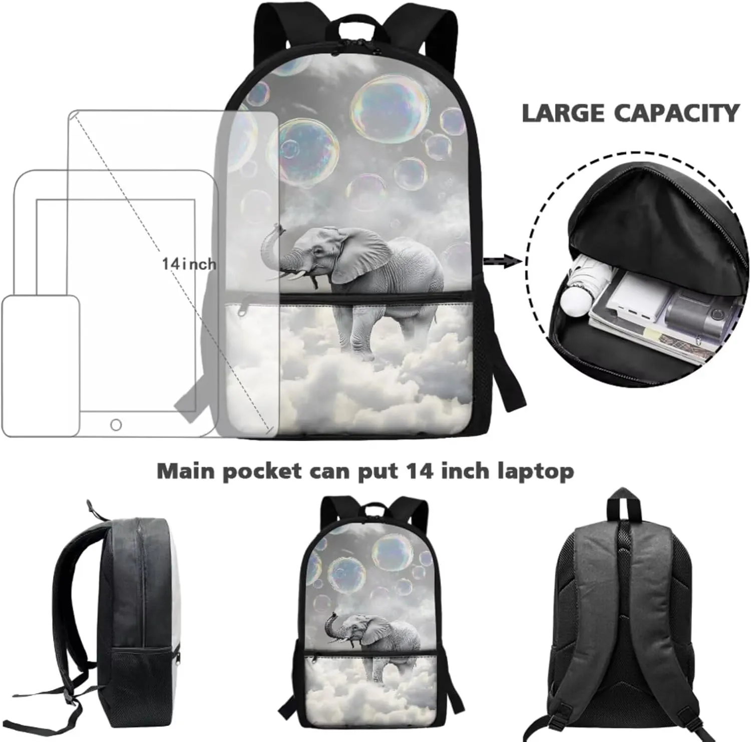 DISNIMO Cool Elephant Backpack for Girls, Little Kids 17In Bookbags with Insulated Lunch Box Elementary School Bag and Water Bottle Sleeve Pencil Case Back To School Bagpack 4pcs/Set