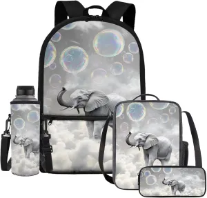 DISNIMO Cool Elephant Backpack for Girls, Little Kids 17In Bookbags with Insulated Lunch Box Elementary School Bag and Water Bottle Sleeve Pencil Case Back To School Bagpack 4pcs/Set