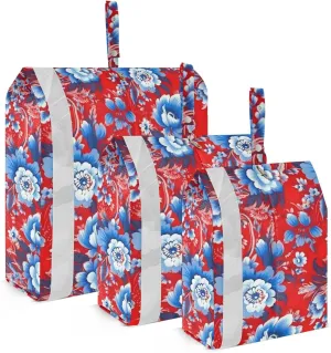 DOMIKING Red Florals Blue Packing Cubes for Travel Luggage Organizer Hanging Packing Bag for Carry On Suitcase Clothes Set of 3