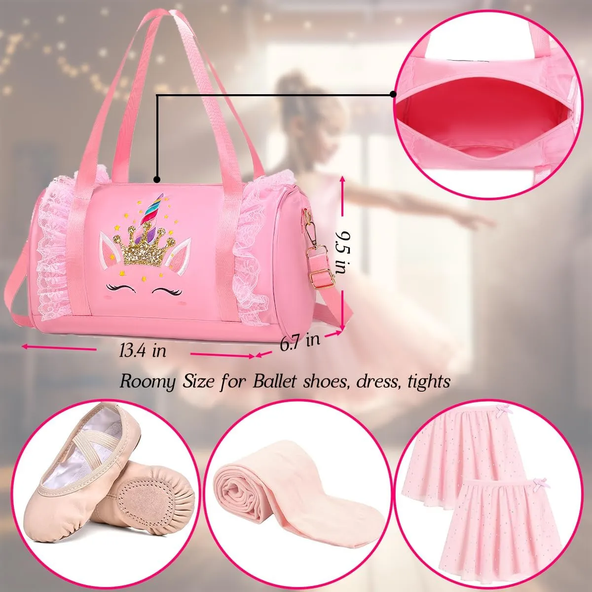 Dorlubel Cute Ballet Dance Bag Gym Travel Duffle Bag for Girls Tutu Dress Bag with Key Chain for Girls (Pink4 of Short Mesh)