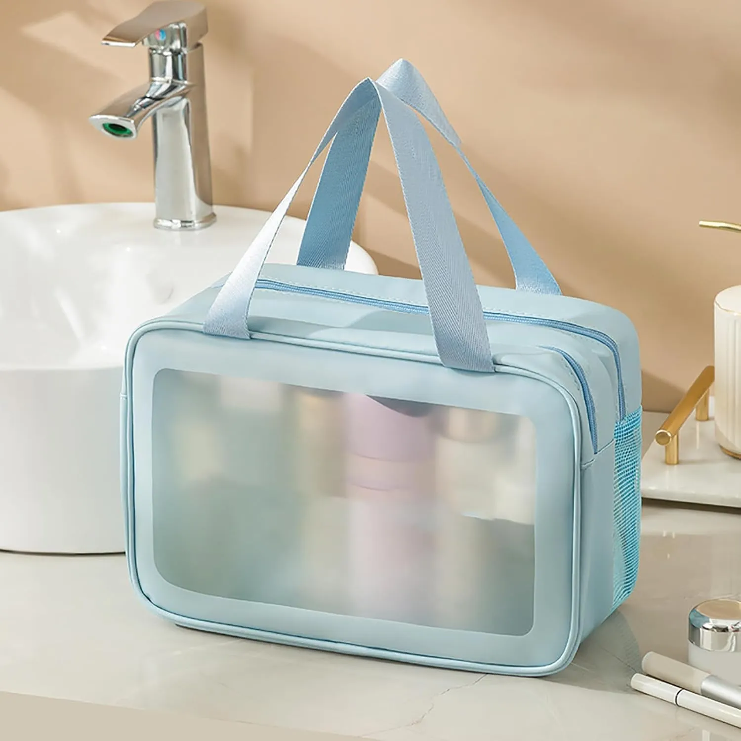 Double Layer Makeup Bag, Portable Large Capacity Waterproof Cosmetic Storage Bag, Toiletry Bag Organizer for Women Girl Travel Outdoor Jewelry(Blue)
