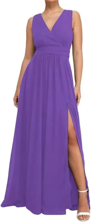 Double V Neck Bridesmaid Dresses for Wedding Guest Chiffon Formal Evening Party Prom Maxi Gown with Slit AN368