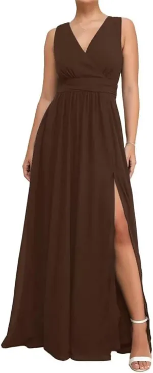 Double V Neck Bridesmaid Dresses for Wedding Guest Chiffon Formal Evening Party Prom Maxi Gown with Slit AN368