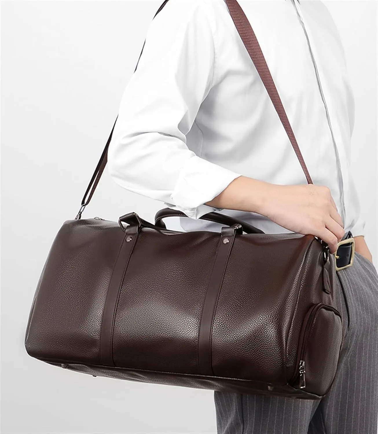 Duffel Bag 17inch Carry On Garment Duffel Bag for Men,Travel Weekender PU Bag with Shoe Compartment Overnight Bag Travel (Color : Brown, Size : 44 * 21 * 24cm)