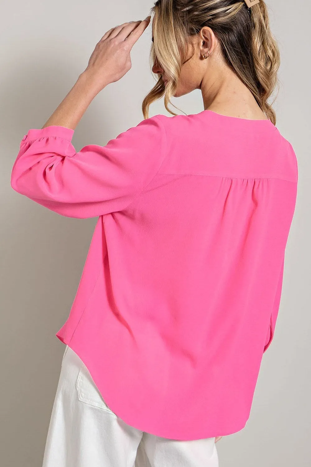 ee:some Long Sleeve V Neck Blouse In Hot Pink