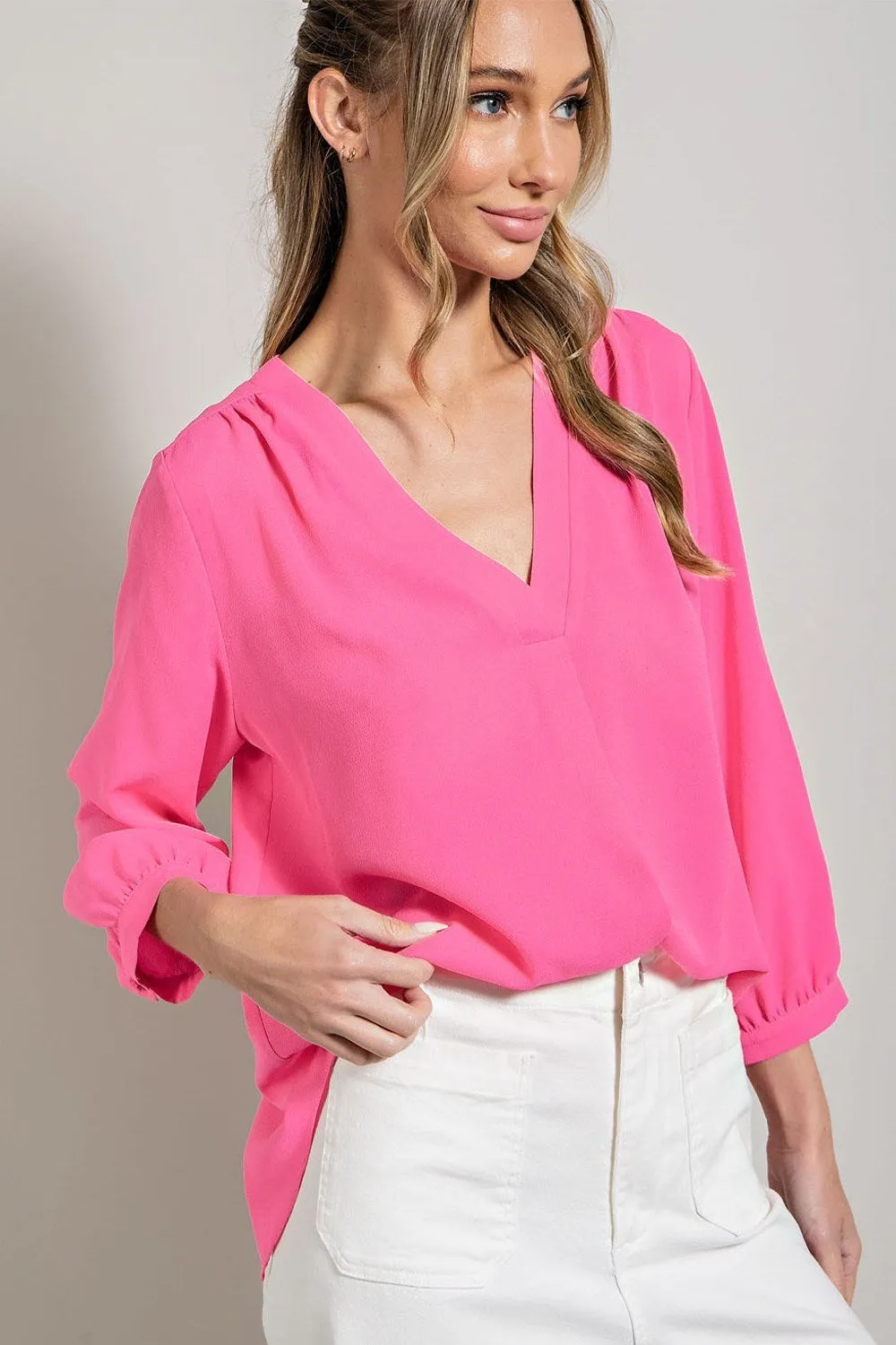 ee:some Long Sleeve V Neck Blouse In Hot Pink