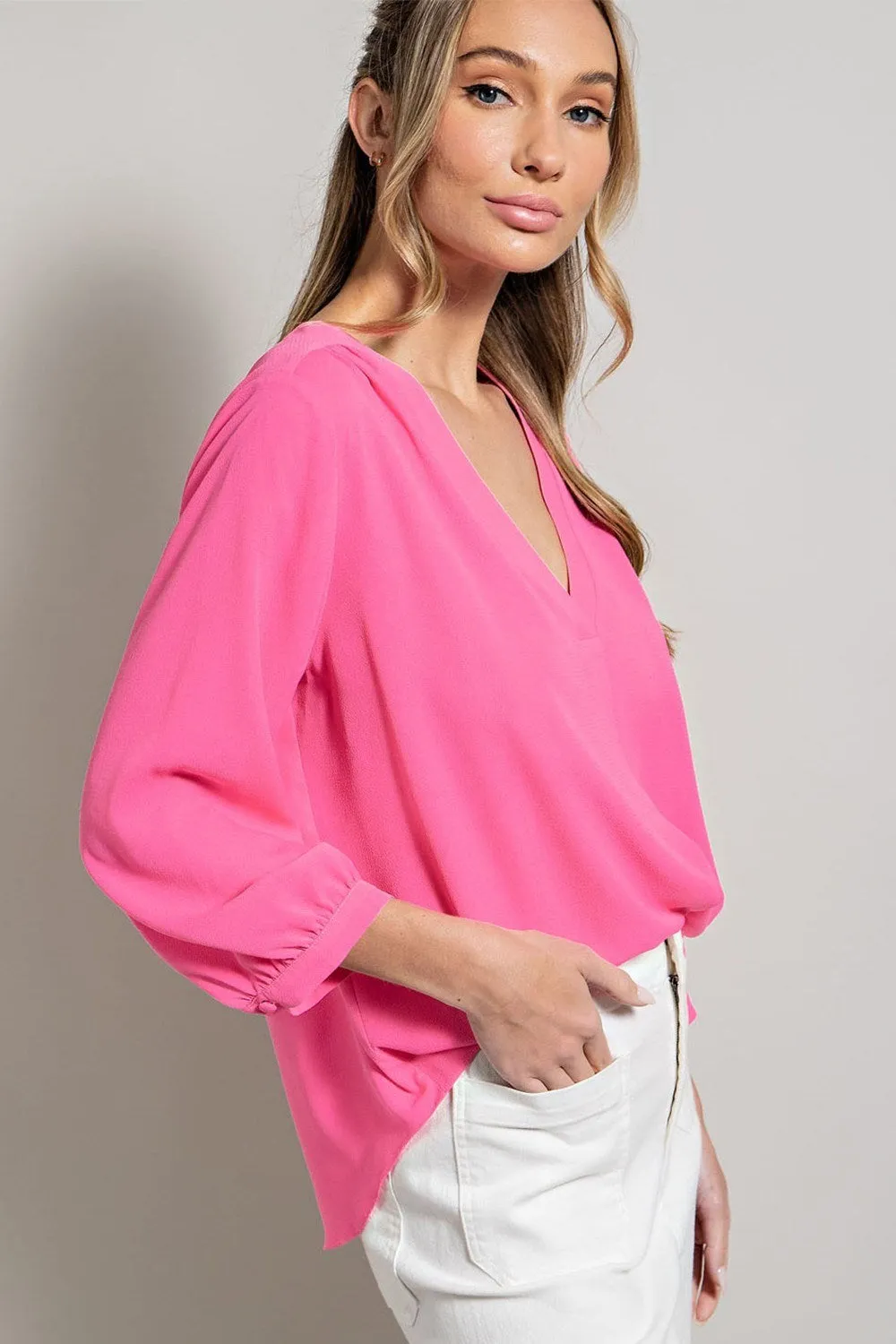 ee:some Long Sleeve V Neck Blouse In Hot Pink