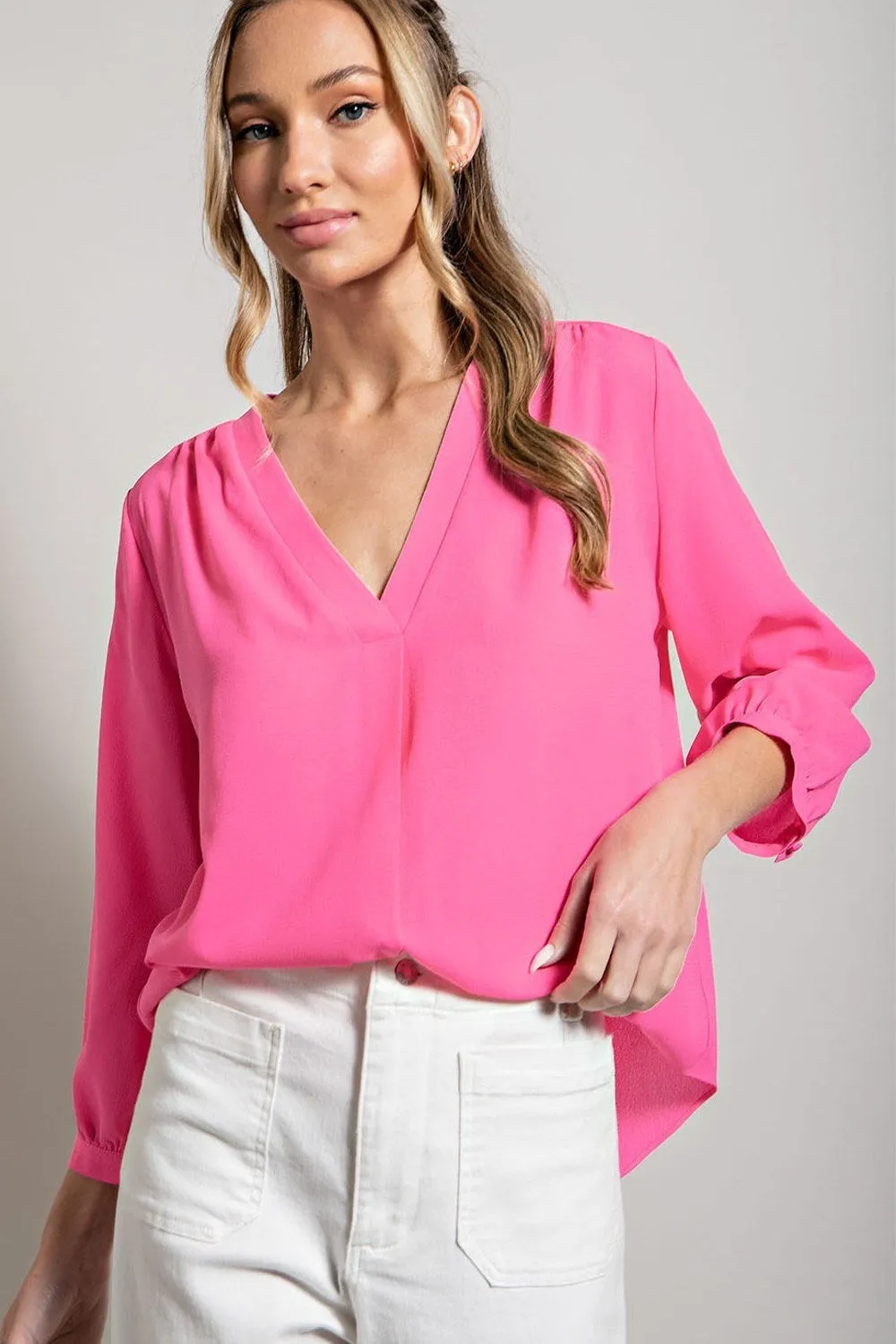 ee:some Long Sleeve V Neck Blouse In Hot Pink