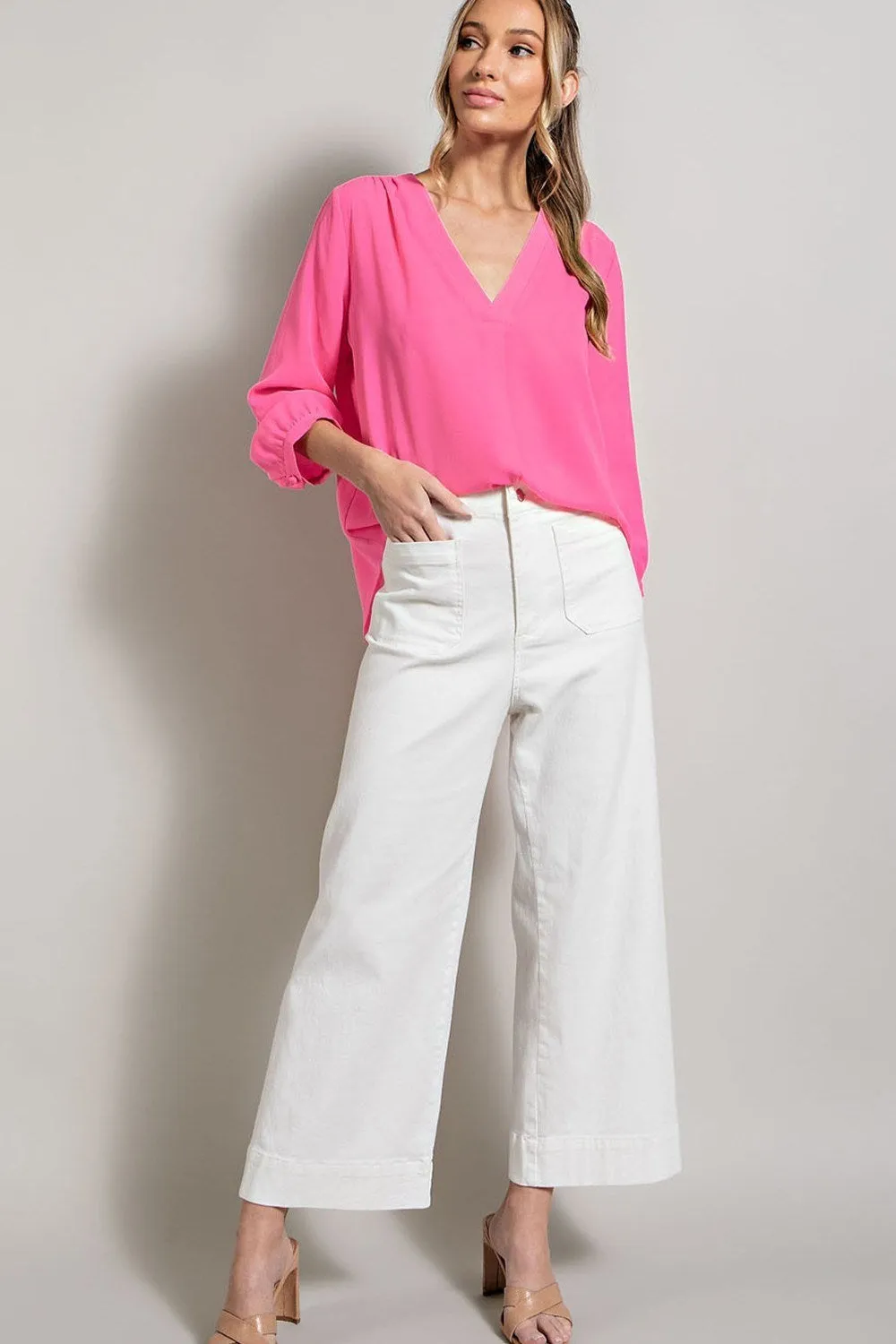 ee:some Long Sleeve V Neck Blouse In Hot Pink