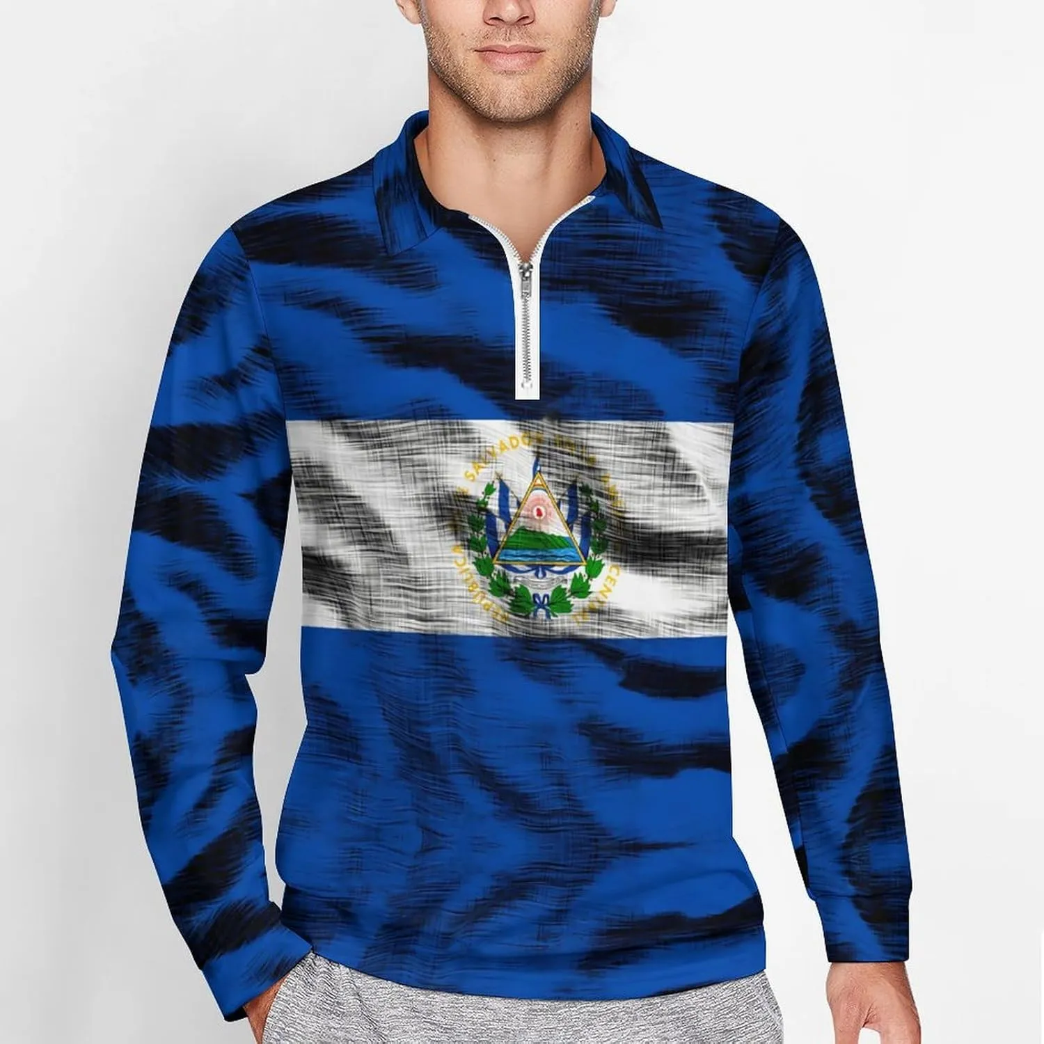El Salvador Flag Mens Long Sleeve Classic Polo- Shirts Casual Polo- Shirts Office Work Shirts for Men