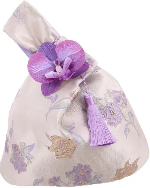 Elegant Oriental Evening Bag Women Floral Silky Clutch Purse with Embroidered Orchid Design Compact Wristlet for Weddings Jewelry Storage and Party Favors