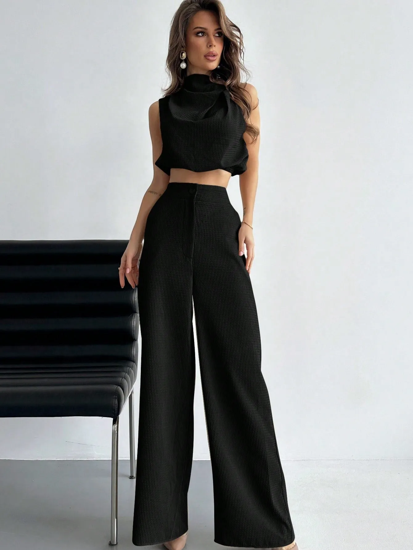 Elegant Plain Twisted Top And Pants Two-Piece Set For Daily Wearing