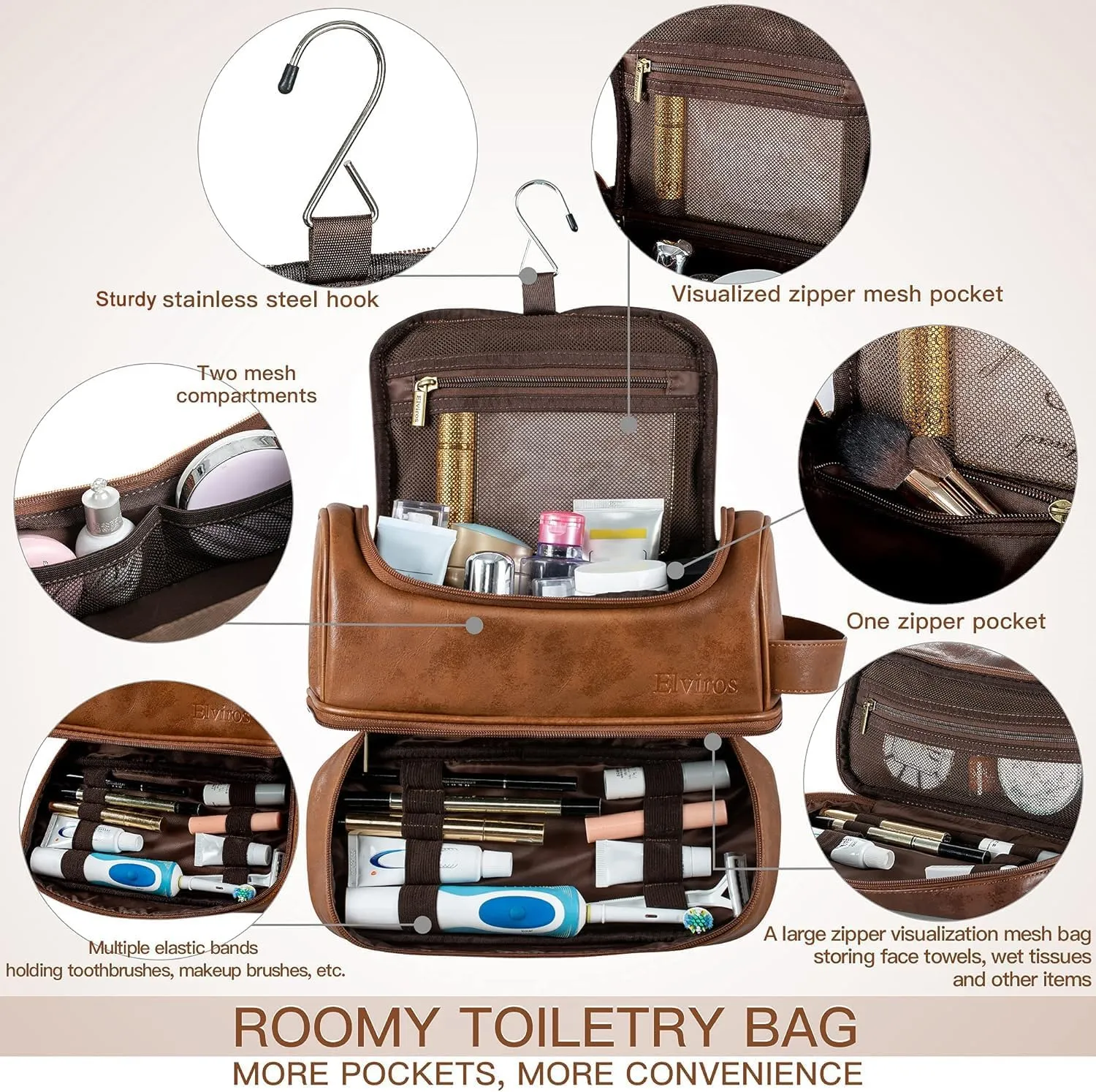 Elviros Toiletry Bag for Mens PU Leather Travel Organizer Kit with Hanging hook, Large Water-resistant Toiletries Bathroom Shaving Bags (Brown)