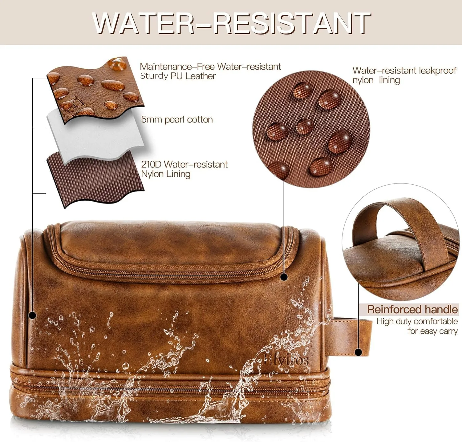 Elviros Toiletry Bag for Mens PU Leather Travel Organizer Kit with Hanging hook, Large Water-resistant Toiletries Bathroom Shaving Bags (Brown)
