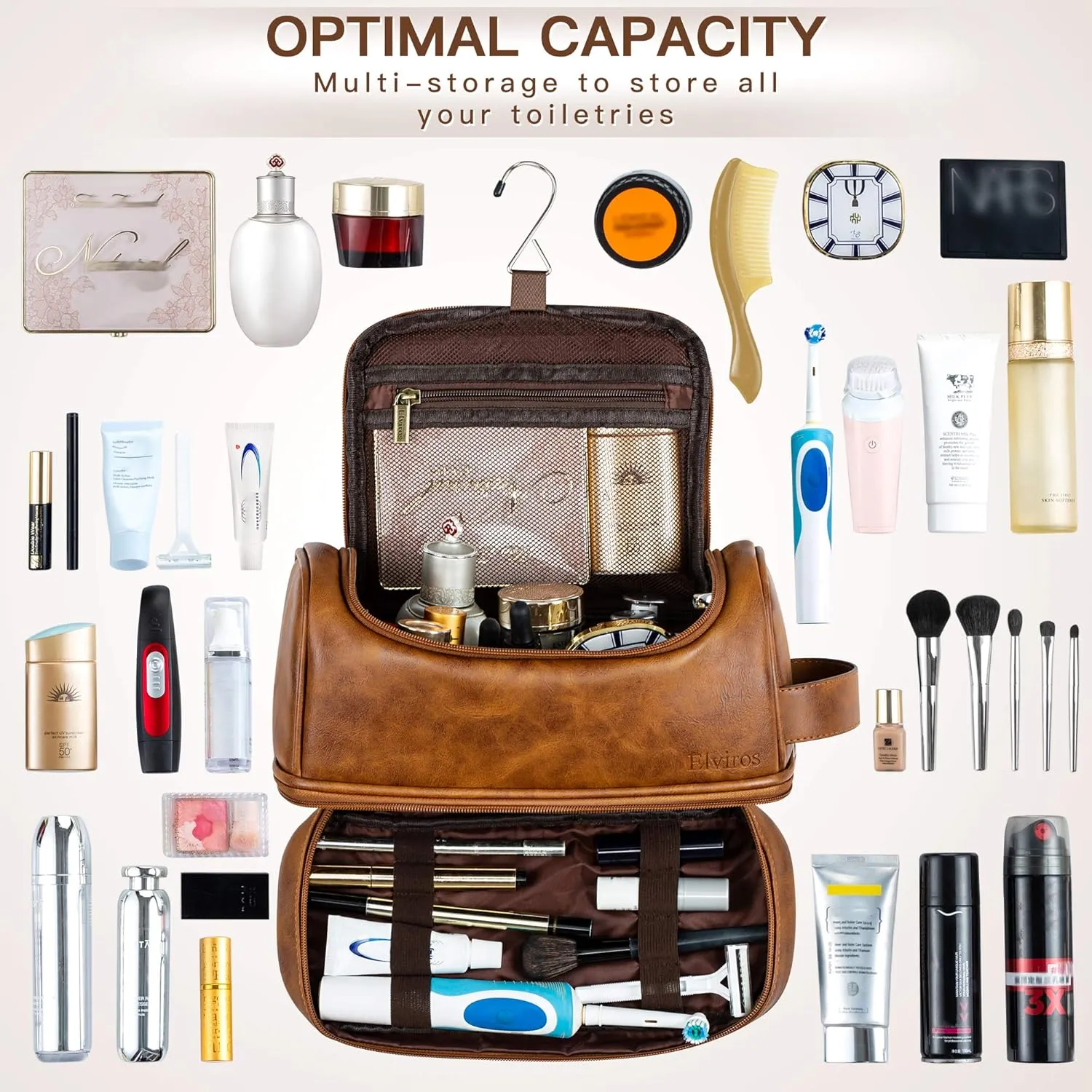 Elviros Toiletry Bag for Mens PU Leather Travel Organizer Kit with Hanging hook, Large Water-resistant Toiletries Bathroom Shaving Bags (Brown)