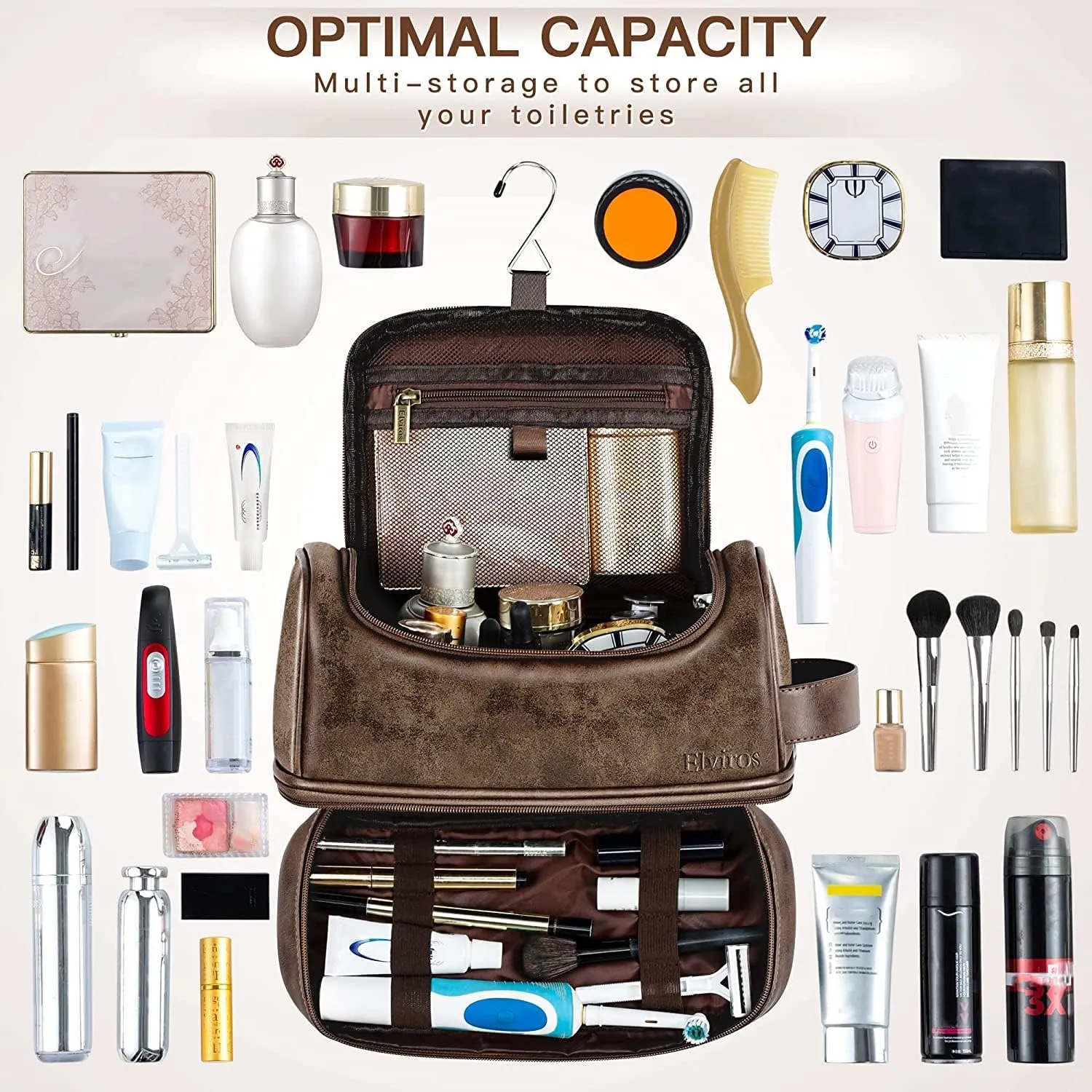 Elviros Toiletry Bag for Mens PU Leather Travel Organizer Kit with Hanging hook, Large Water-resistant Toiletries Bathroom Shaving Bags (Coffee)