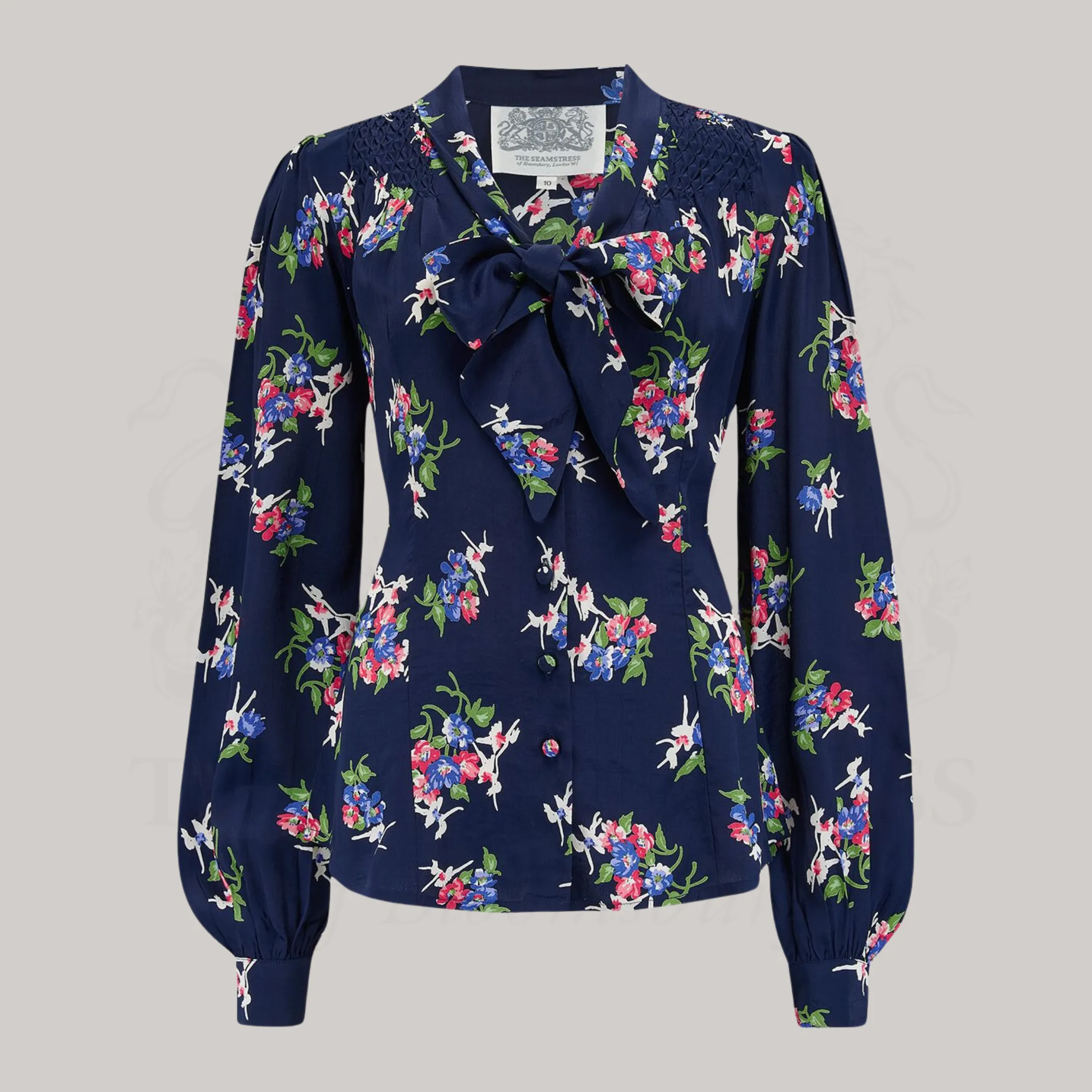 Eva Pussy Bow Blouse in Navy Floral Dancer