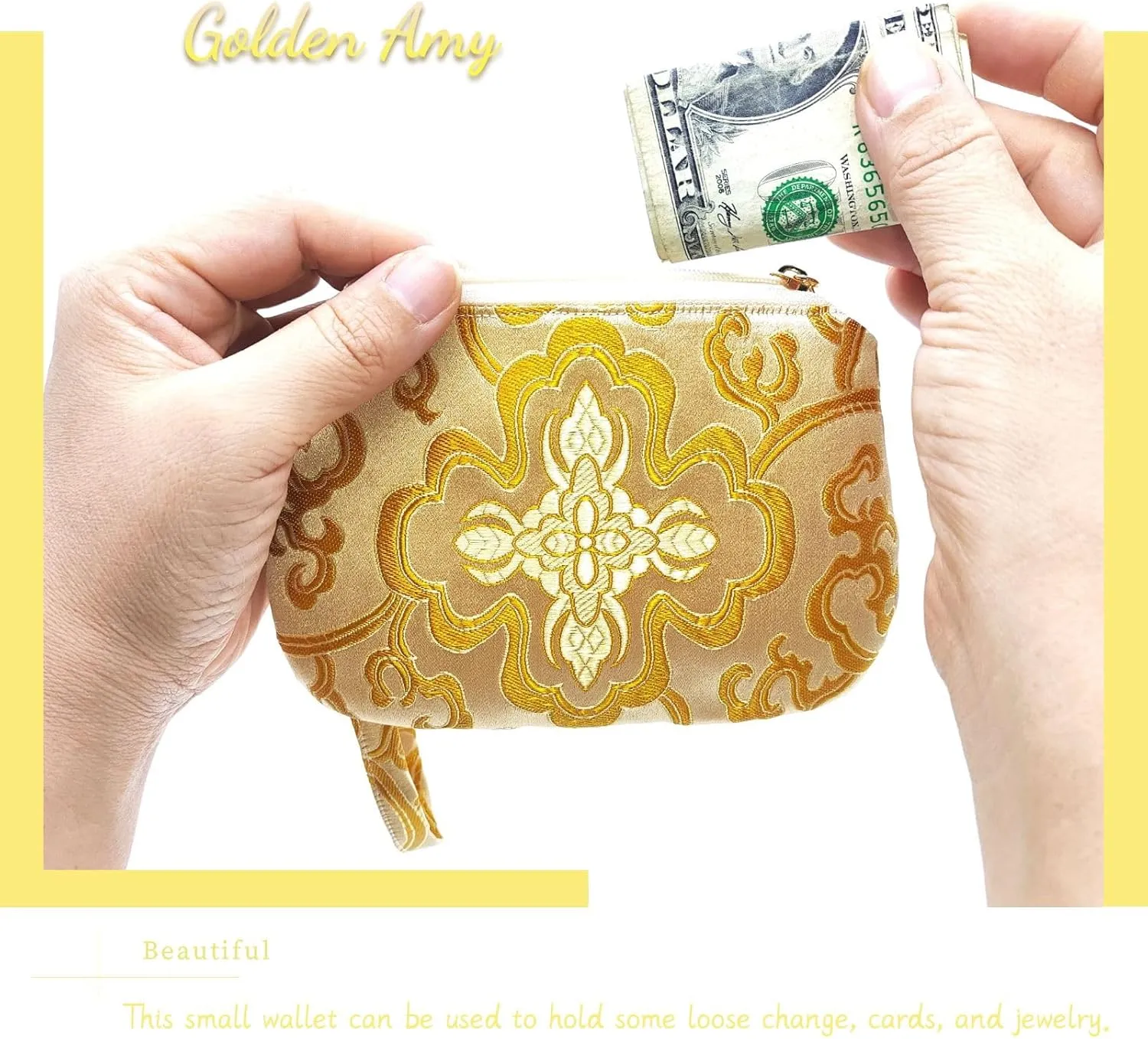 Exquisite Handmade Zipper Coin Purse with Wristlet Strap | Silk Jewelry Pouch | Women Brocade Wallet for Makeup and Gifts - Golden