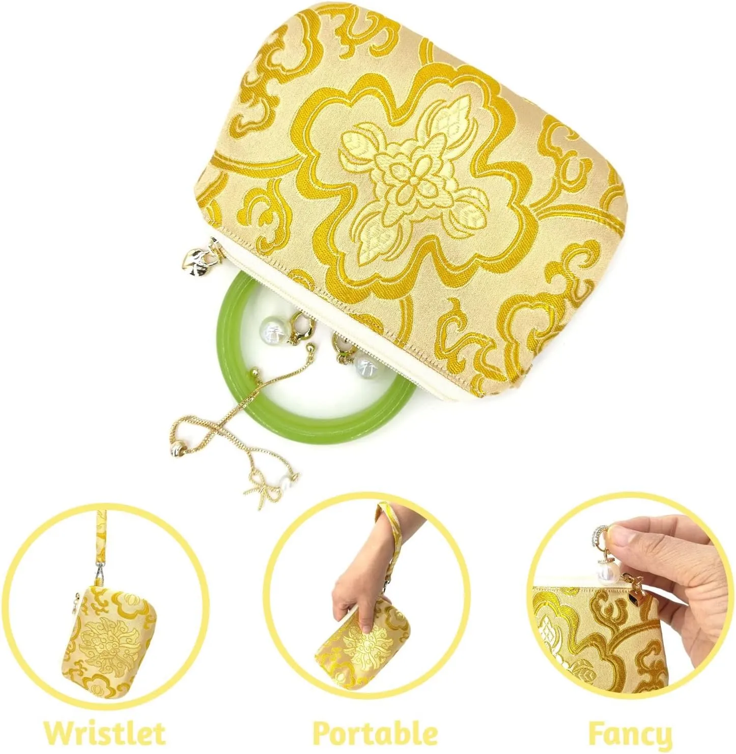 Exquisite Handmade Zipper Coin Purse with Wristlet Strap | Silk Jewelry Pouch | Women Brocade Wallet for Makeup and Gifts - Golden