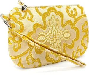 Exquisite Handmade Zipper Coin Purse with Wristlet Strap | Silk Jewelry Pouch | Women Brocade Wallet for Makeup and Gifts - Golden