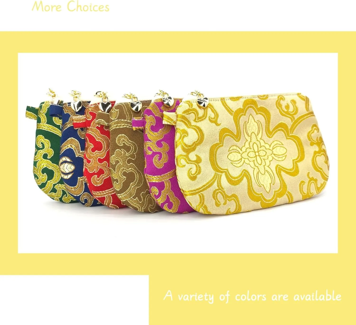 Exquisite Handmade Zipper Coin Purse with Wristlet Strap | Silk Jewelry Pouch | Women Brocade Wallet for Makeup and Gifts - Golden