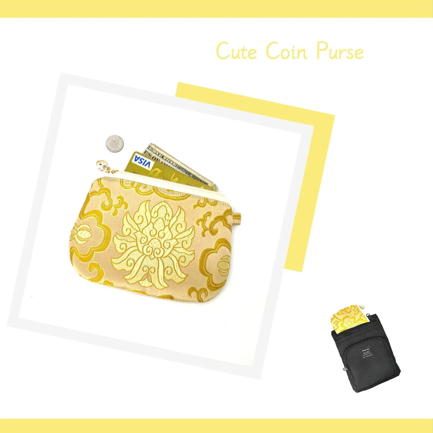 Exquisite Handmade Zipper Coin Purse with Wristlet Strap | Silk Jewelry Pouch | Women Brocade Wallet for Makeup and Gifts - Golden