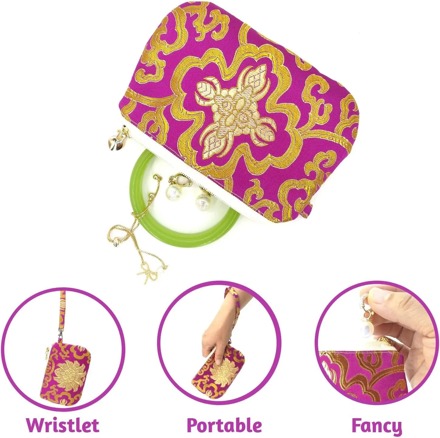 Exquisite Handmade Zipper Coin Purse with Wristlet Strap | Silk Jewelry Pouch | Women Brocade Wallet for Makeup and Gifts - Mediumvioletred