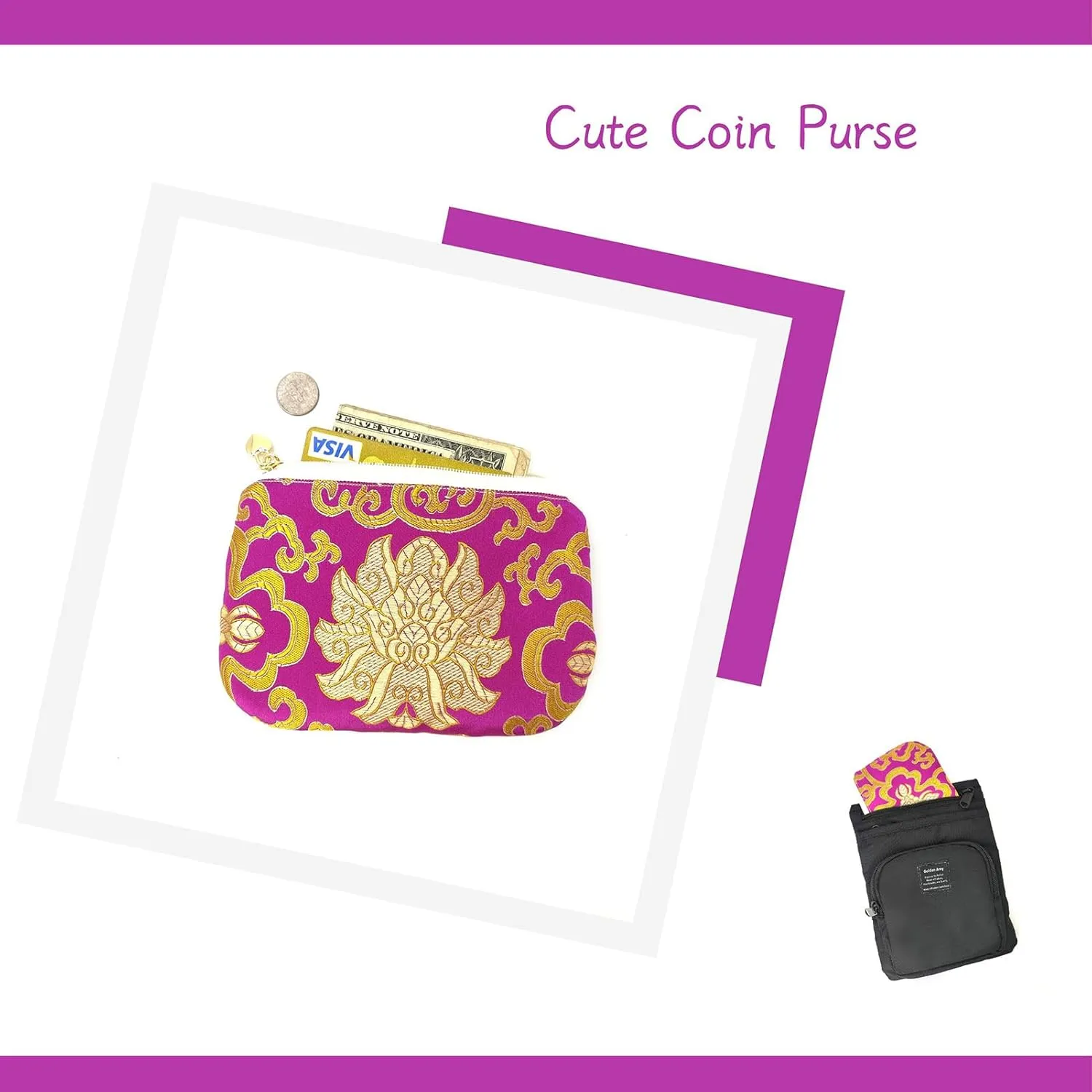 Exquisite Handmade Zipper Coin Purse with Wristlet Strap | Silk Jewelry Pouch | Women Brocade Wallet for Makeup and Gifts - Mediumvioletred