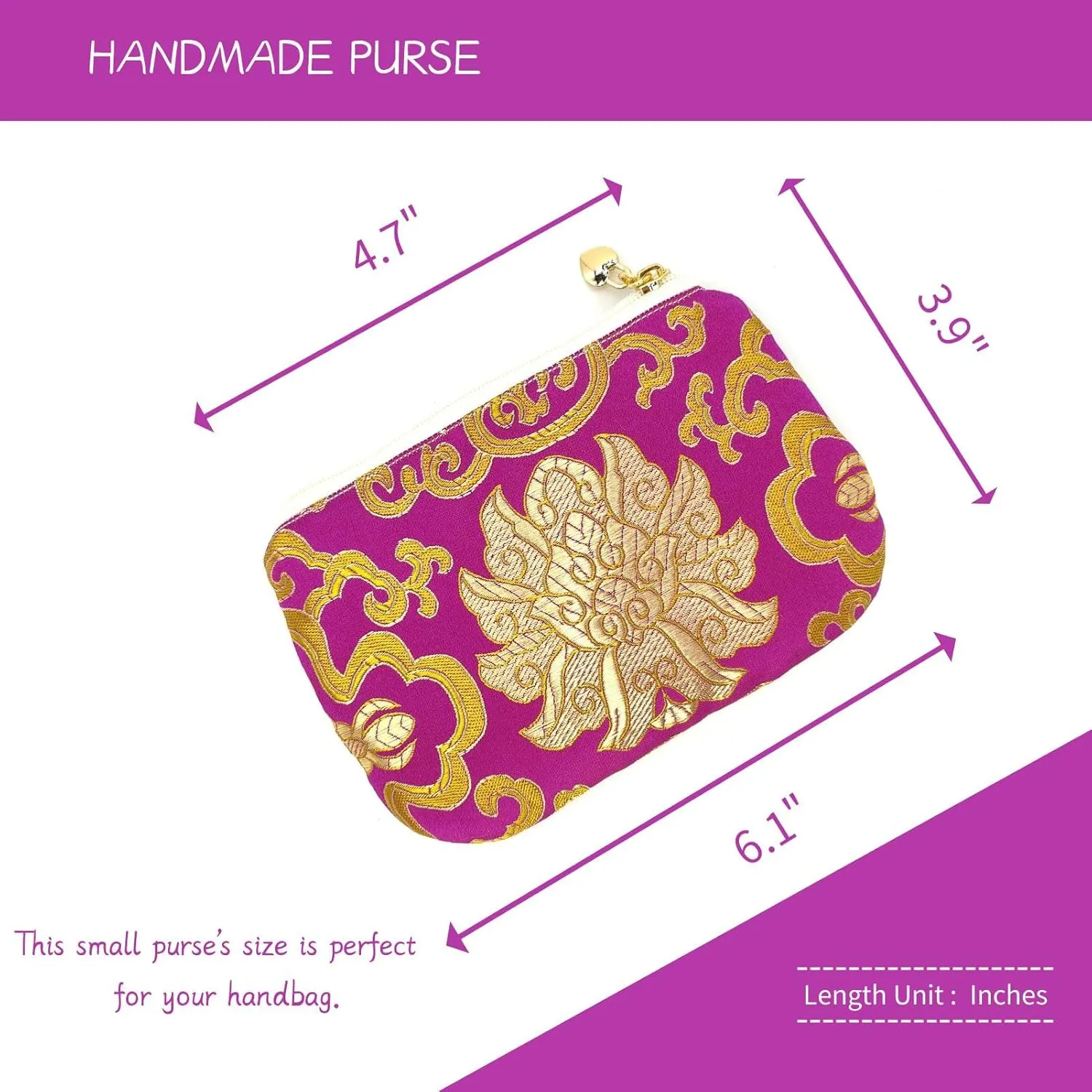 Exquisite Handmade Zipper Coin Purse with Wristlet Strap | Silk Jewelry Pouch | Women Brocade Wallet for Makeup and Gifts - Mediumvioletred