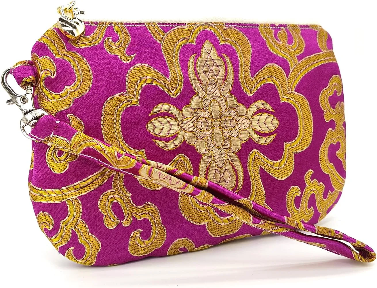 Exquisite Handmade Zipper Coin Purse with Wristlet Strap | Silk Jewelry Pouch | Women Brocade Wallet for Makeup and Gifts - Mediumvioletred