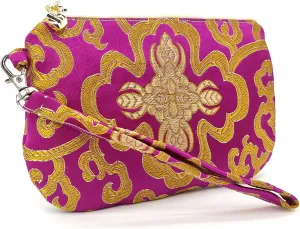 Exquisite Handmade Zipper Coin Purse with Wristlet Strap | Silk Jewelry Pouch | Women Brocade Wallet for Makeup and Gifts - Mediumvioletred