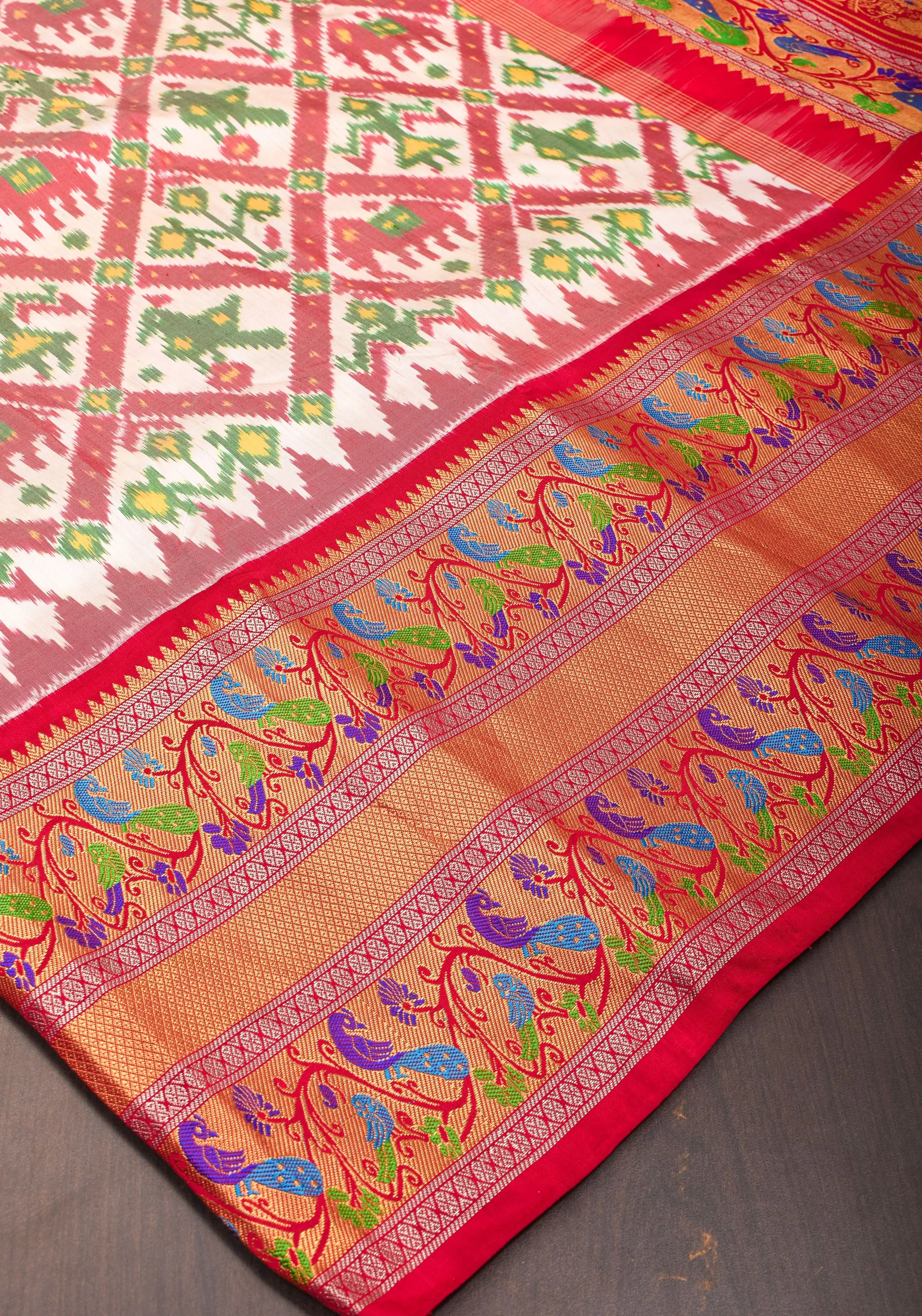 Exquisite Ikkat Patola Kanjivaram Saree with Paithani Style Wide Border in White & Red | SILK MARK CERTIFIED