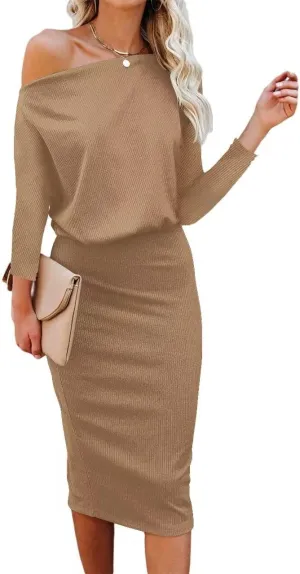 Ezbelle Women's Off The Shoulder 3/4 Sleeve Batwing HIPS-Wrap Pencil Party Sexy Bodycon Midi Dress Loose