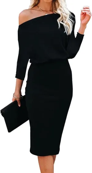 Ezbelle Women's Off The Shoulder 3/4 Sleeve Batwing HIPS-Wrap Pencil Party Sexy Bodycon Midi Dress Loose