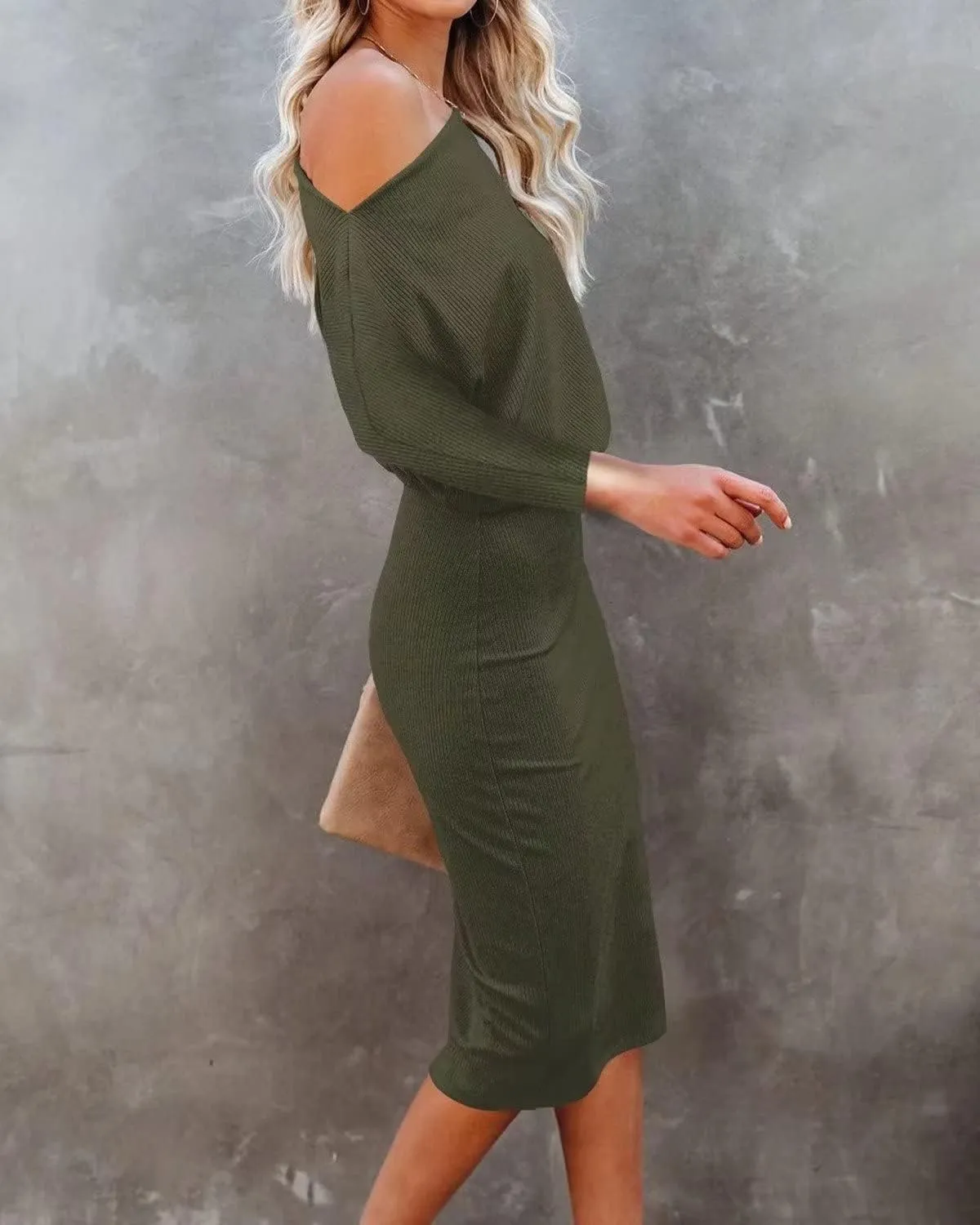Ezbelle Women's Off The Shoulder 3/4 Sleeve Batwing HIPS-Wrap Pencil Party Sexy Bodycon Midi Dress Loose