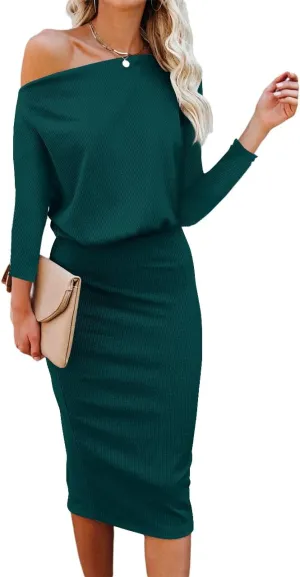 Ezbelle Women's Off The Shoulder 3/4 Sleeve Batwing HIPS-Wrap Pencil Party Sexy Bodycon Midi Dress Loose