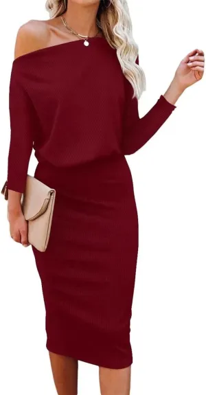 Ezbelle Women's Off The Shoulder 3/4 Sleeve Batwing HIPS-Wrap Pencil Party Sexy Bodycon Midi Dress Loose