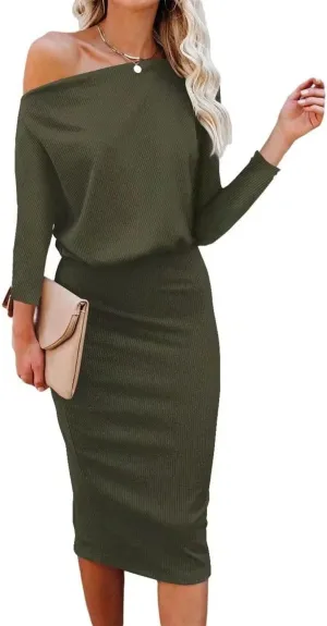 Ezbelle Women's Off The Shoulder 3/4 Sleeve Batwing HIPS-Wrap Pencil Party Sexy Bodycon Midi Dress Loose